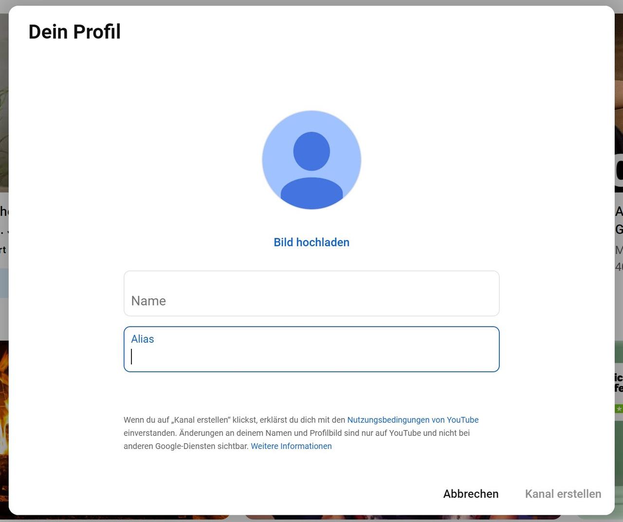 YouTube-Profil-Dialog mit Eingabefeld für den Kanalnamen.