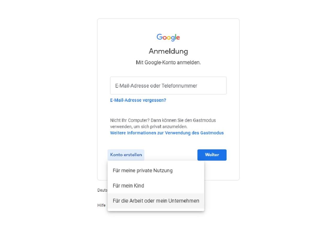 Google-Anmeldung: Dropdown ‚Konto erstellen' mit der Option ‚Für die Arbeit oder mein Unternehmen'.
