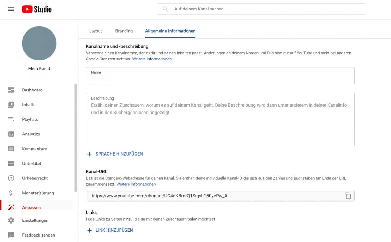 YouTube Studio: Kanalanpassung – Beschreibung und Links pflegen.