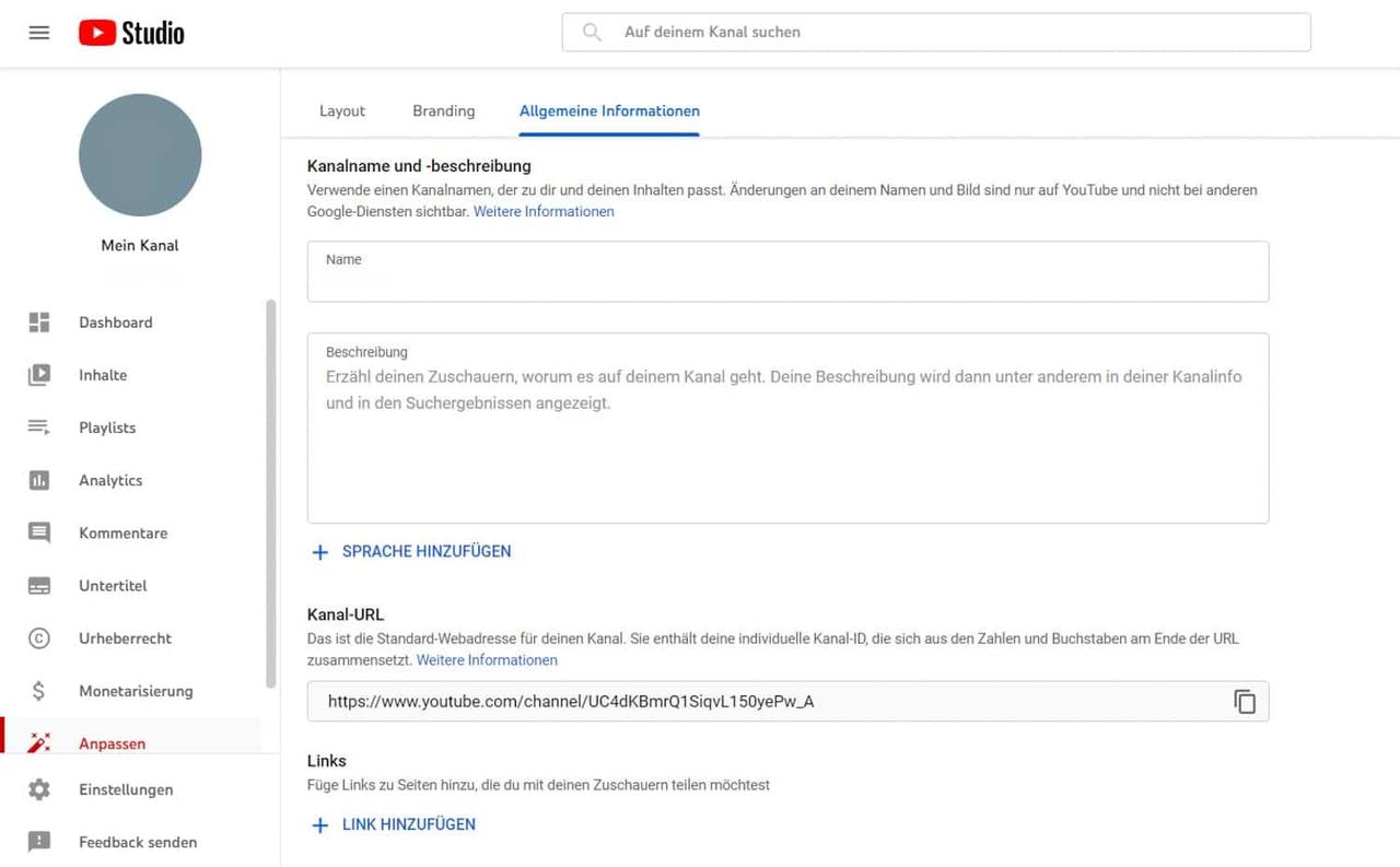 YouTube Studio: Kanalanpassung – Beschreibung und Links pflegen.