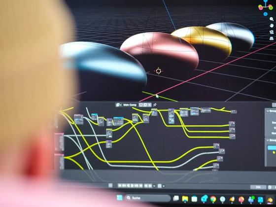 3D-Programm mit Körpern und Knotenplan auf einem Bildschirm