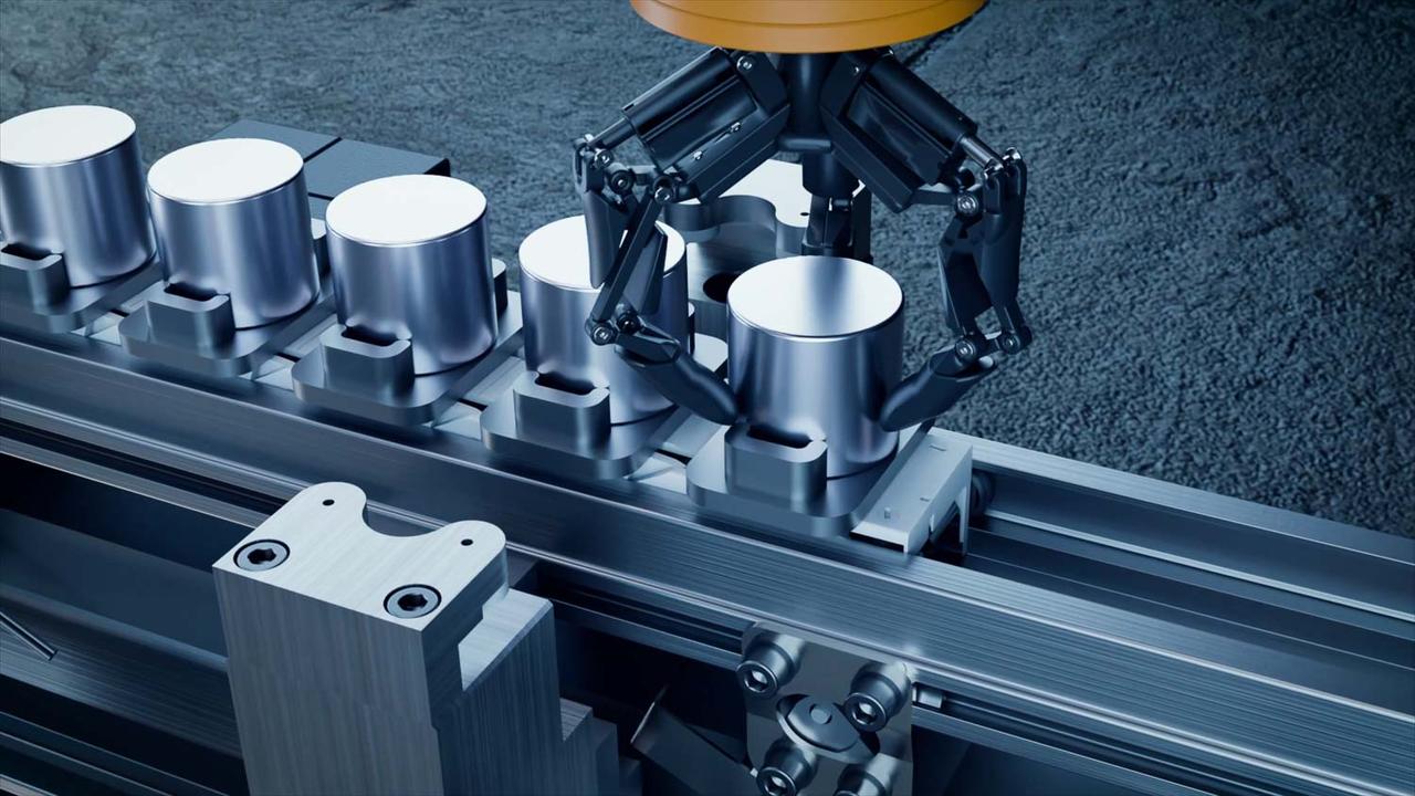 3D-Rendering einer Fertigungslinie: Robotergreifer setzt Metallzylinder auf eine Förderschiene
