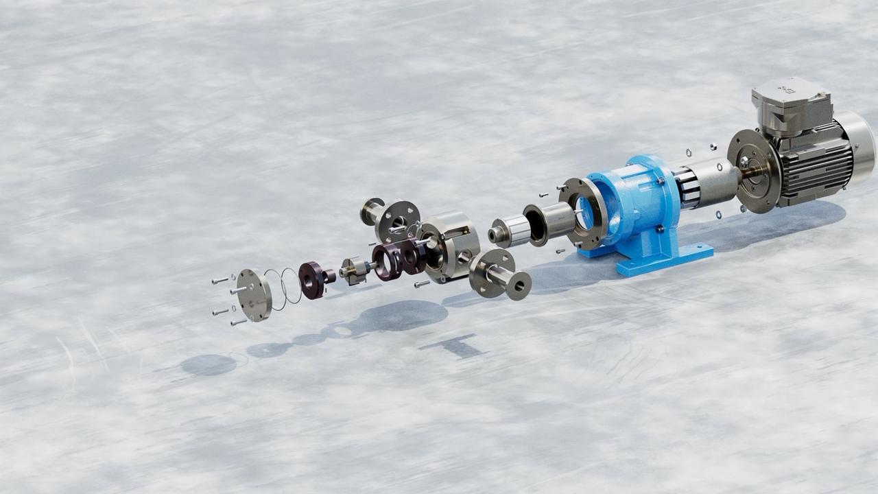 Explosionsdarstellung einer Industriepumpe in 3D: alle Bauteile schwebend aufgereiht vor dem Motor