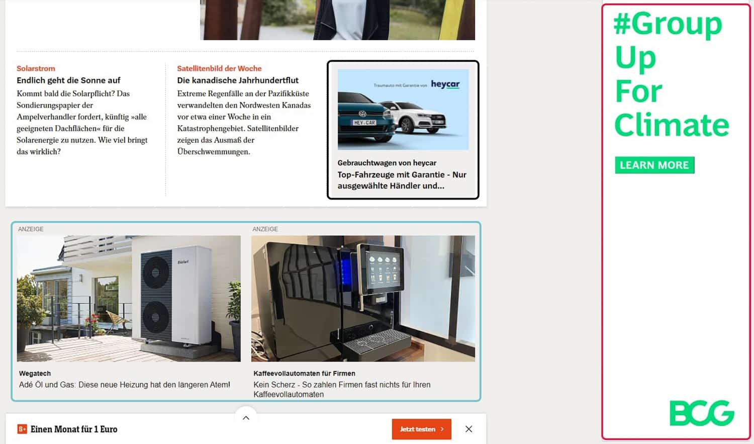 Nachrichten-Webseite mit mehreren Display-Anzeigen als Banner und gesponserten Beiträgen