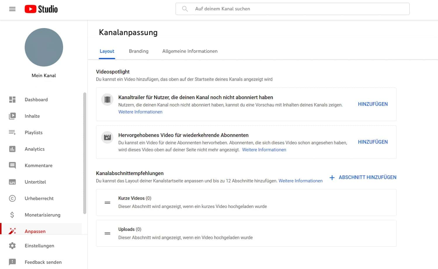 YouTube Studio: Kanalanpassung mit Branding-Optionen.