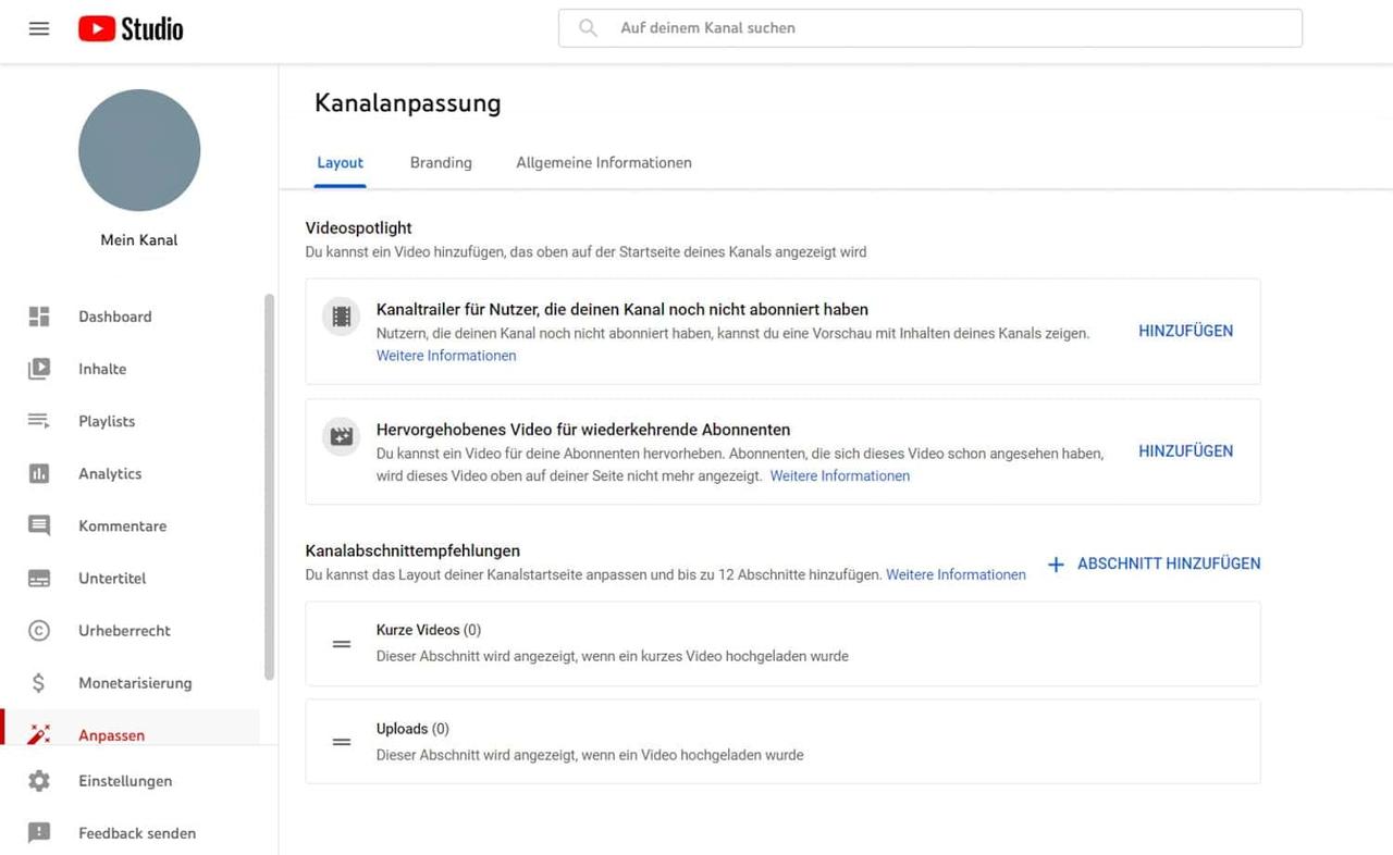 YouTube Studio: Kanalanpassung mit Branding-Optionen.