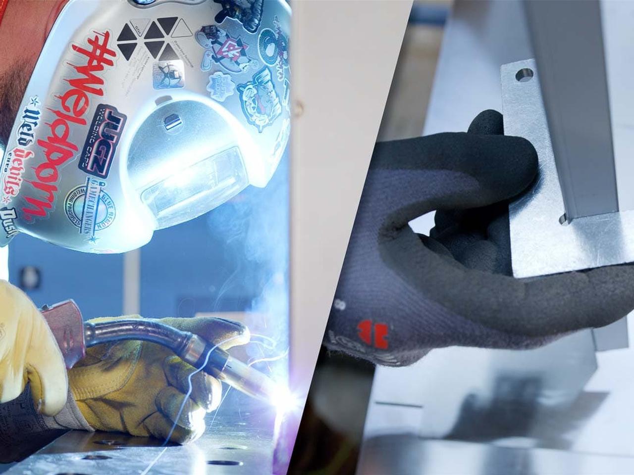 Still aus dem Müller-Feinblechbautechnik-Imagefilm: Schweißer bei der Arbeit und Hand mit Blechteil