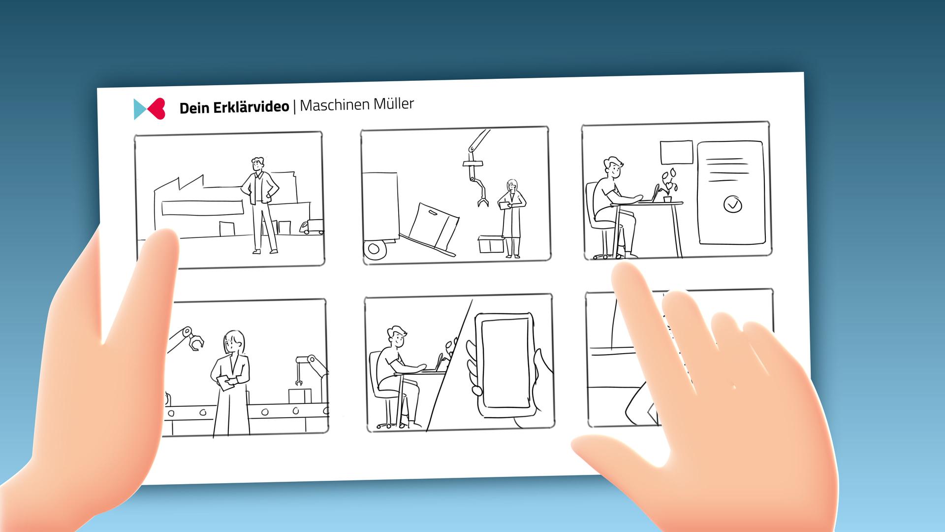 Storyboard-Entwurf für ein Erklärvideo mit Szenenaufbau