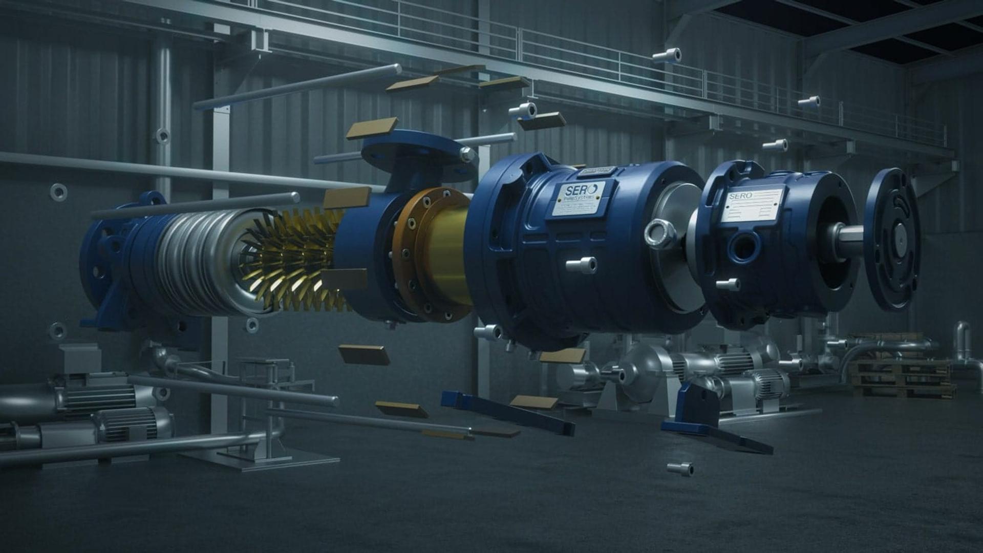 3D Erklärvideo Szene mit fotorealistischer dreidimensionaler Produktinszenierung einer Maschine
