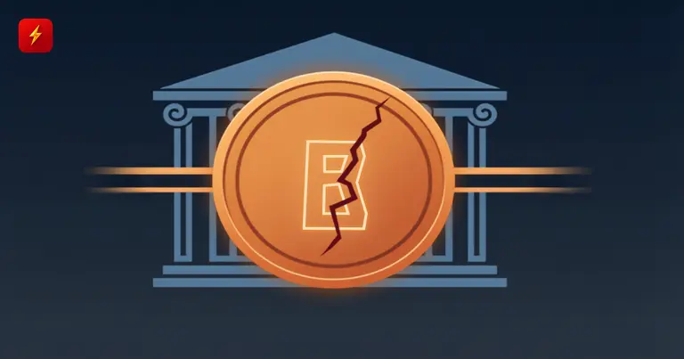 Bitcoin squeezed in a tight range in front of a cracked Fed building