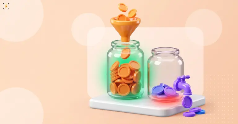 Two glass jars, one filling with orange coins through a funnel and one draining violet coins through a tap, crypto ETF flows