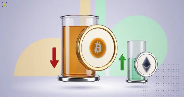 A tall amber vessel marked with bitcoin and a red down arrow beside a smaller mint vessel marked with ether and a green up arrow, illustrating ETF flows