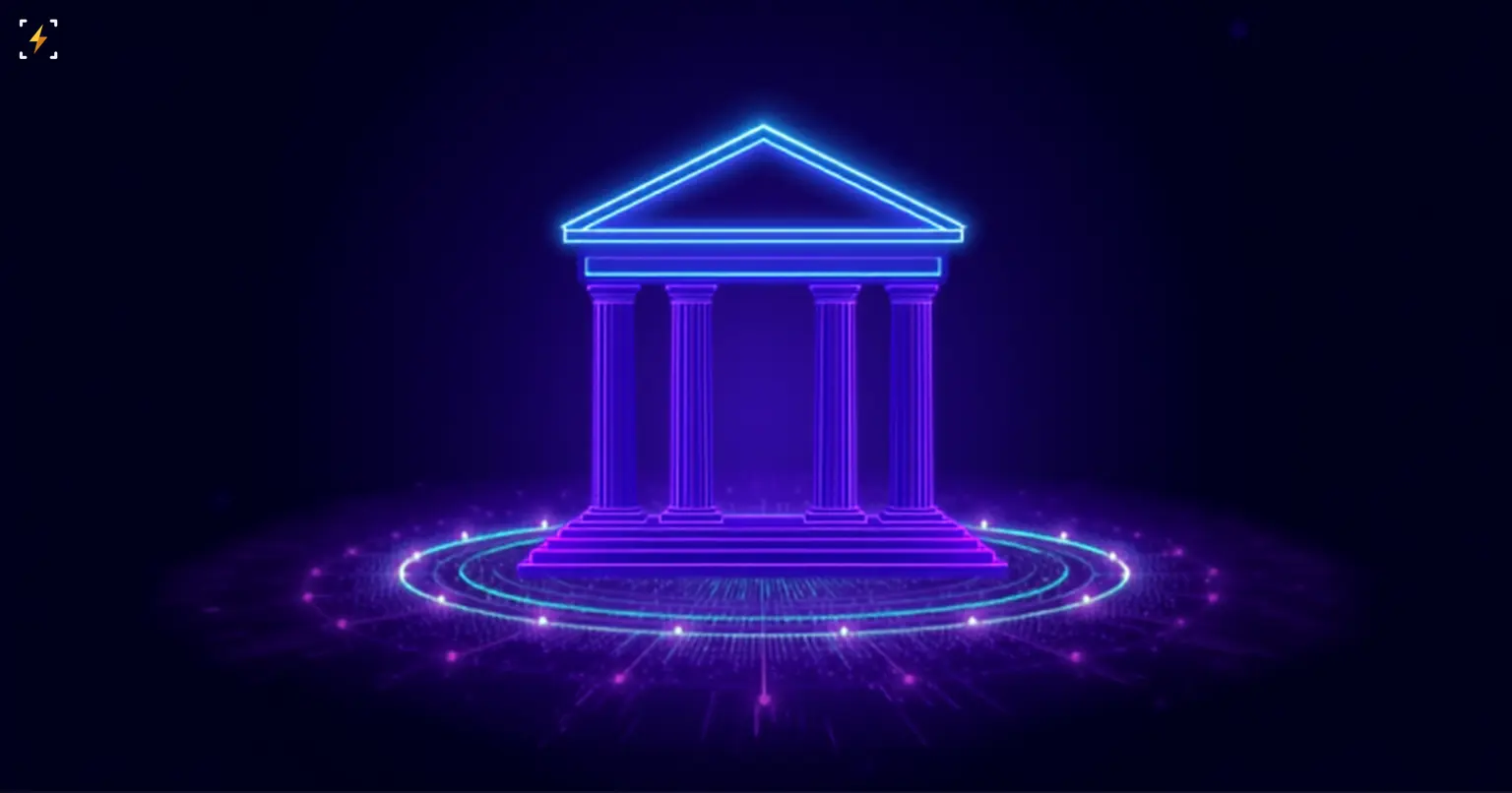 Neon Greek courthouse column icon orbited by glowing tech rings, symbolizing a court ruling on Anthropic's Pentagon dispute