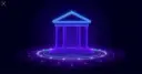 Neon Greek courthouse column icon orbited by glowing tech rings, symbolizing a court ruling on Anthropic's Pentagon dispute