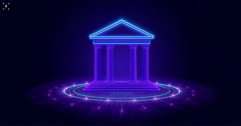 Neon Greek courthouse column icon orbited by glowing tech rings, symbolizing a court ruling on Anthropic's Pentagon dispute