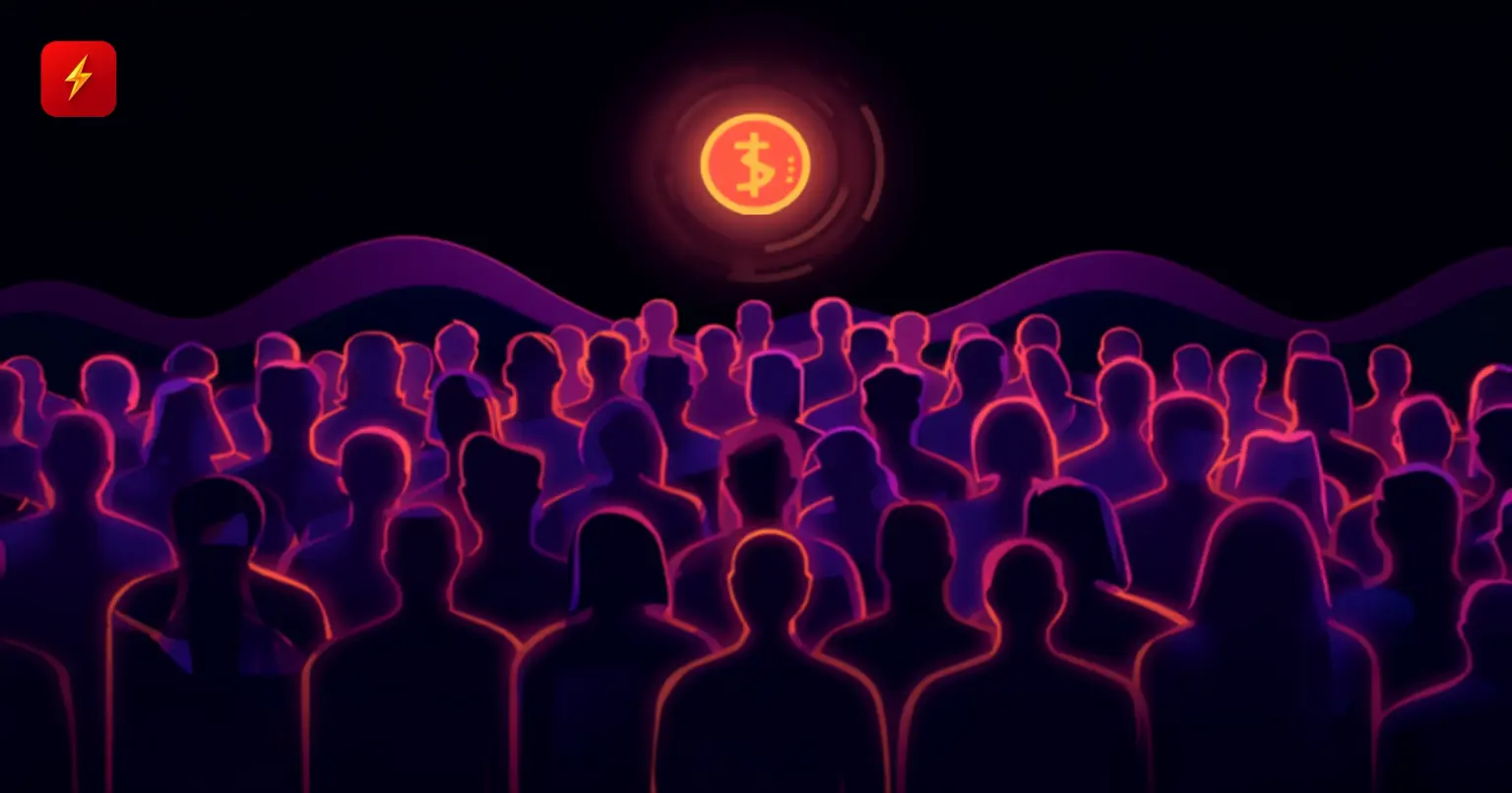 A diverse glowing crowd of silhouettes beneath a hovering coin symbol — cover for the Ripple pushback on the WSJ 'crypto boys' editorial news