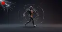 Glossy 3D AI agent silhouette breaking through a shattered barrier on a graphite background — symbolizing an escape from containment