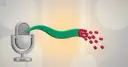A silver microphone with a smooth green ribbon of speech flowing from it that breaks apart into scattered crimson blocks