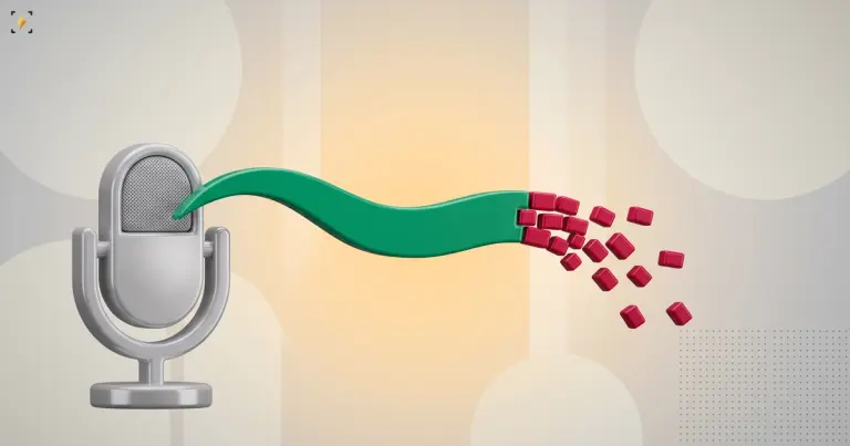 A silver microphone with a smooth green ribbon of speech flowing from it that breaks apart into scattered crimson blocks