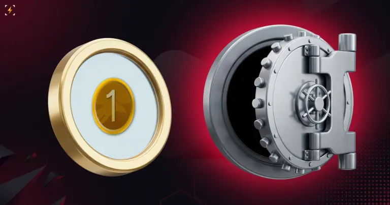 Gold USD1 coin standing beside an open steel vault door