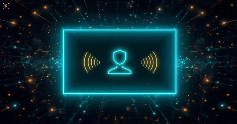 Flat vector illustration of a glowing teal video-call frame containing a generic abstract avatar icon flanked by amber soundwave symbols, surrounded by a dense network of glowing particles and connection lines, symbolizing an AI avatar delivering feedback in a video-based mentoring session