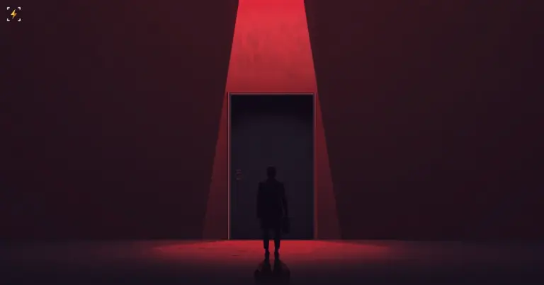 A faceless silhouette standing at a doorway lit deep red, illustrating leaked home addresses of hardware wallet buyers