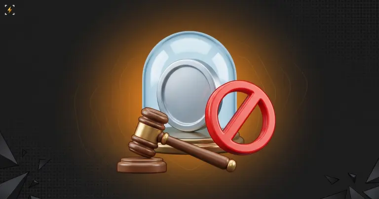 A blank coin sealed under a glass dome with a judge's gavel across its base and a red prohibition ring in front