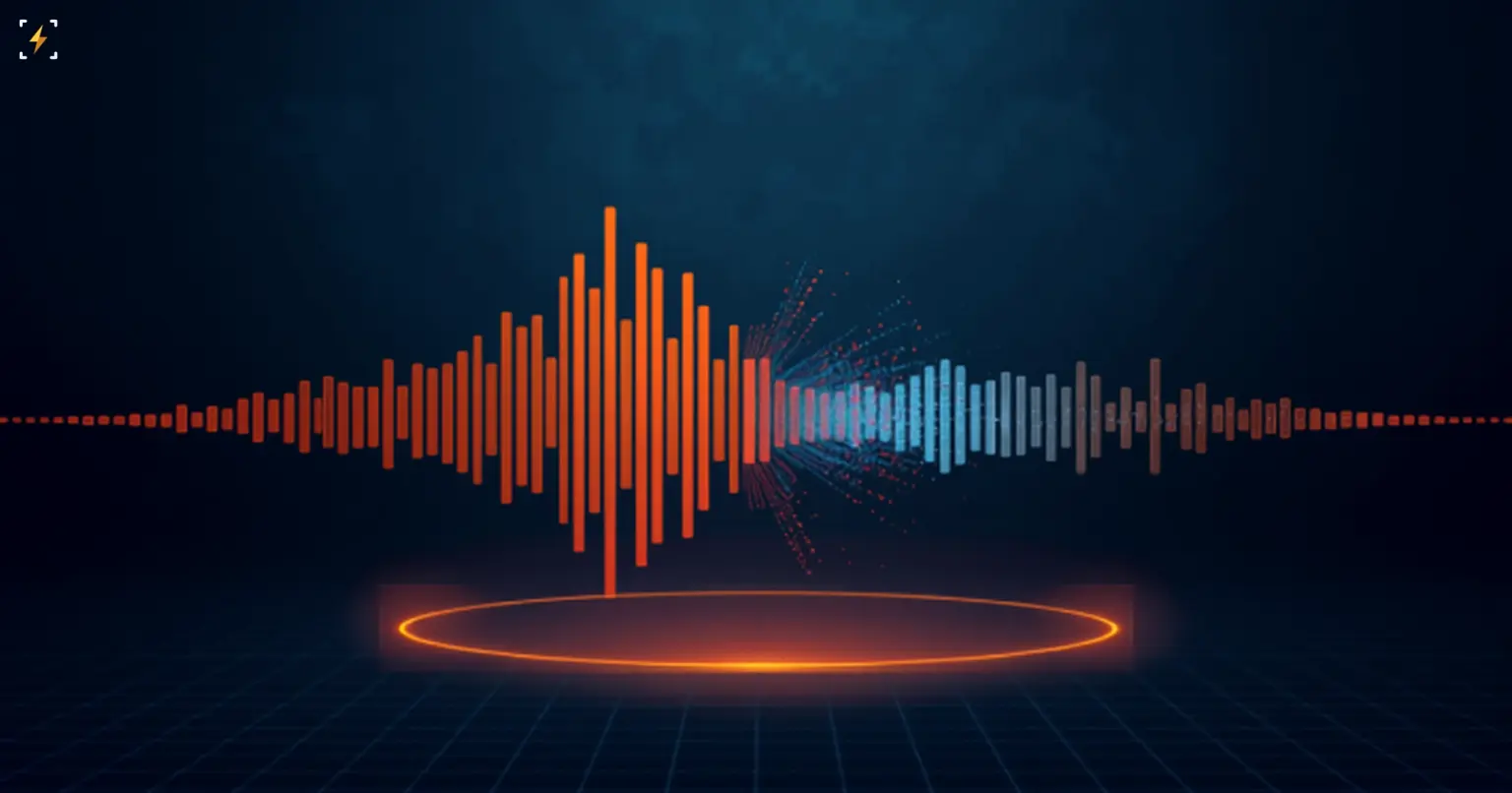Glowing orange soundwave splitting into a fractured blue digital waveform, symbolizing an authentic voice being cloned by AI