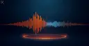 Glowing orange soundwave splitting into a fractured blue digital waveform, symbolizing an authentic voice being cloned by AI