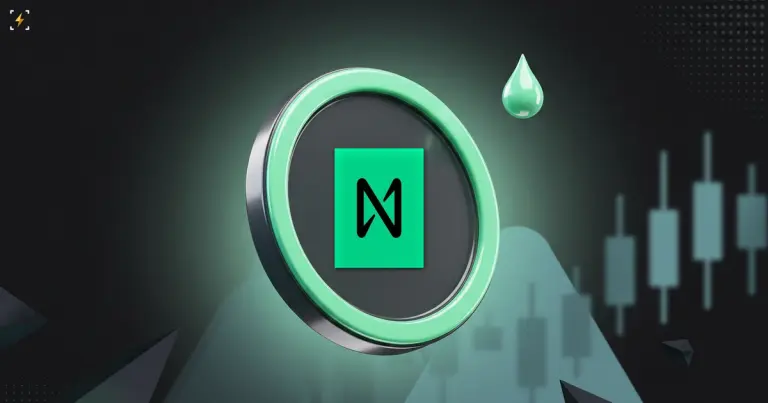 One very large glossy coin bearing the NEAR mark beside a single tiny falling droplet