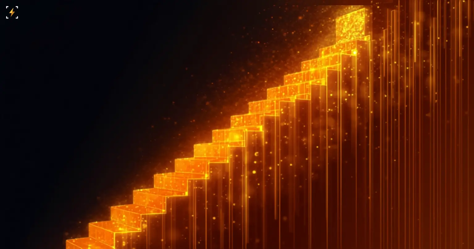 Flat vector illustration of a glowing amber ascending staircase made of geometric blocks climbing toward the top right corner, filled with light and particle glow, symbolizing the S&P 500's decade-long climb
