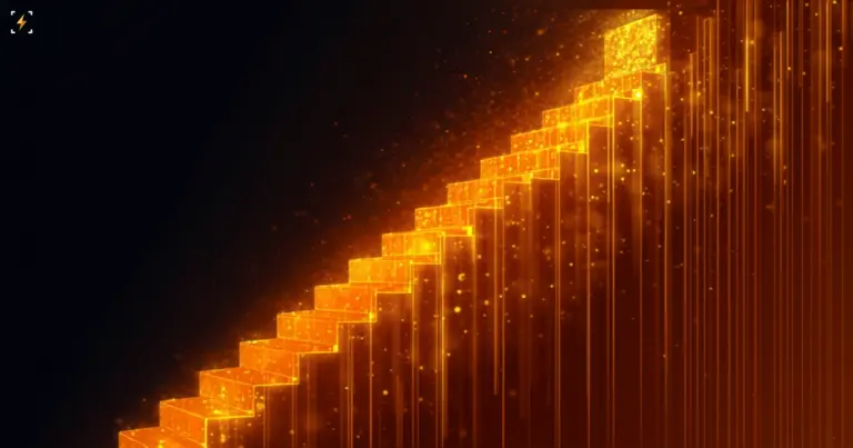 Flat vector illustration of a glowing amber ascending staircase made of geometric blocks climbing toward the top right corner, filled with light and particle glow, symbolizing the S&P 500's decade-long climb