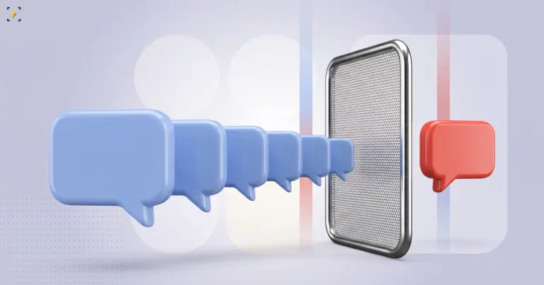 Row of identical blank speech bubbles stopped by a chrome mesh with one red bubble through
