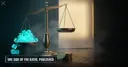A brass balance scale with one pan overflowing with glowing cubes and the other empty and raised