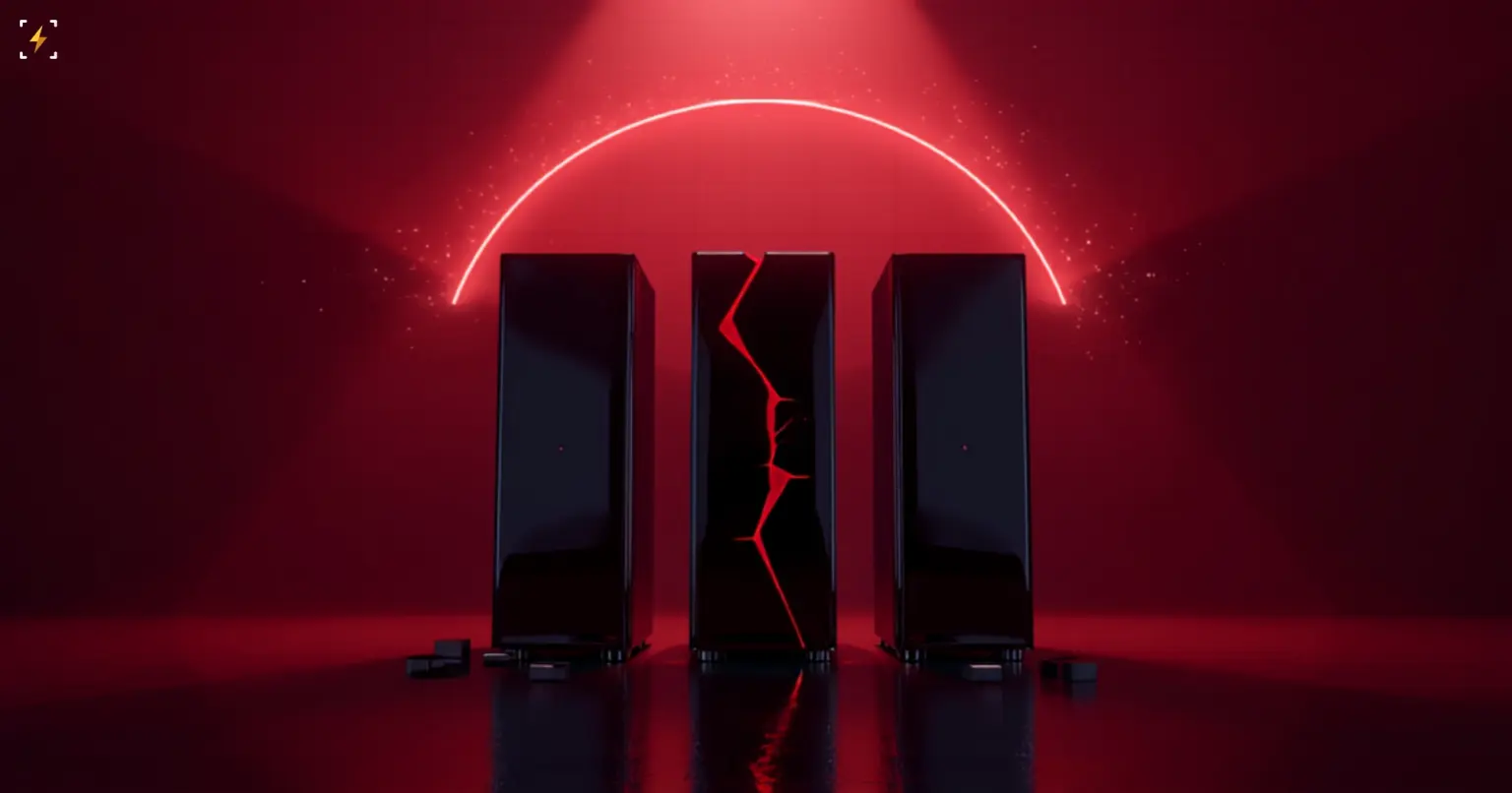 Illustration of three dark server pillars under a broken red arc on a deep red background, the middle pillar split by a glowing crack, illustrating the simultaneous ChatGPT, Claude and Grok outage
