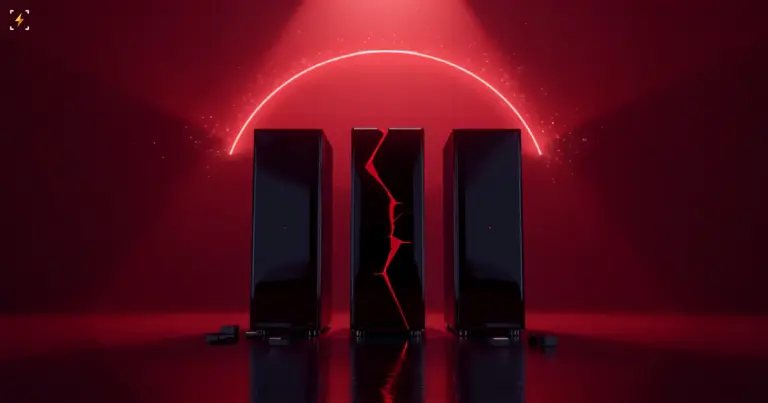 Illustration of three dark server pillars under a broken red arc on a deep red background, the middle pillar split by a glowing crack, illustrating the simultaneous ChatGPT, Claude and Grok outage