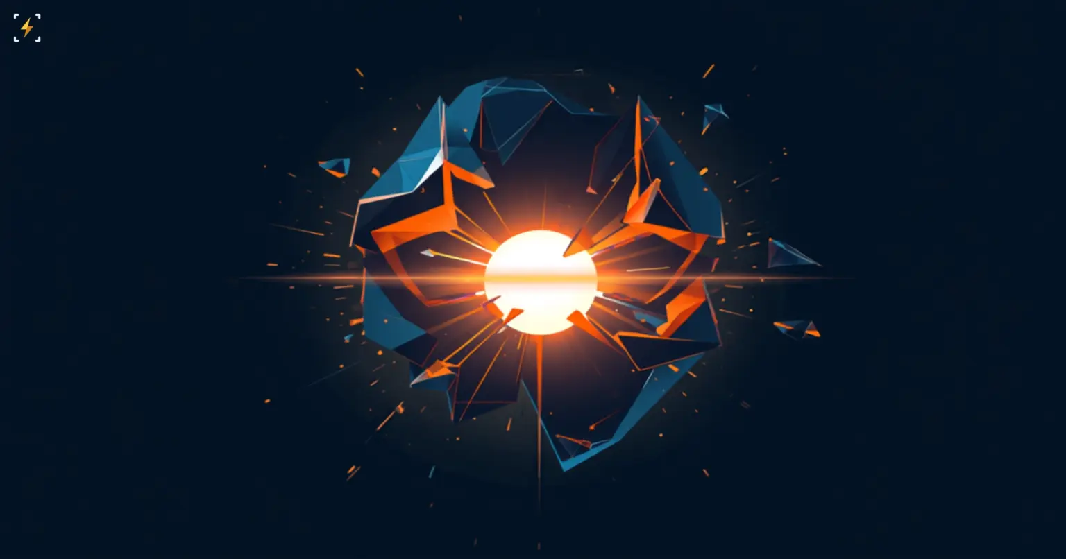 Flat vector illustration of a dark angular geometric shell cracking apart to reveal a bright glowing sphere of light at its center, with orange fragments scattering outward on a dark navy background, symbolizing an anonymous AI model's true creator being revealed