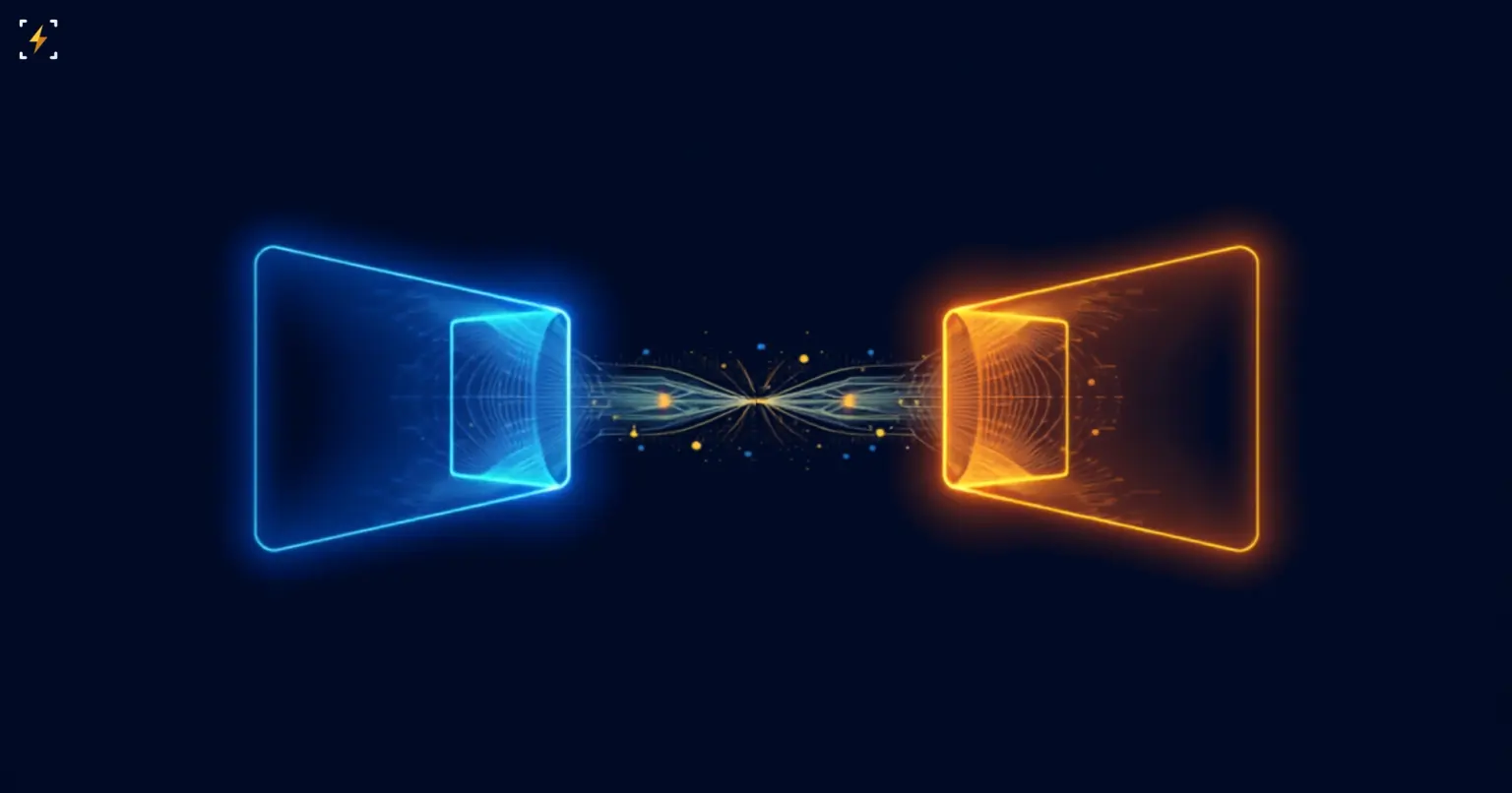 Flat vector illustration of two glowing portal frames, one blue and one gold, facing each other and converging with connecting light streams at the center, on a dark navy background, symbolizing a bank and a payments company merging capabilities