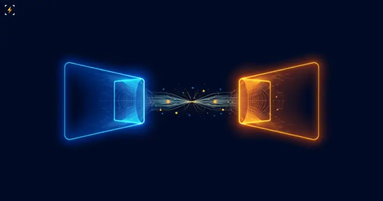 Плоская векторная иллюстрация двух светящихся портальных рамок, синей и золотой, направленных друг на друга и сходящихся потоками света в центре, на тёмно-синем фоне — символ объединения возможностей банка и платёжной компании