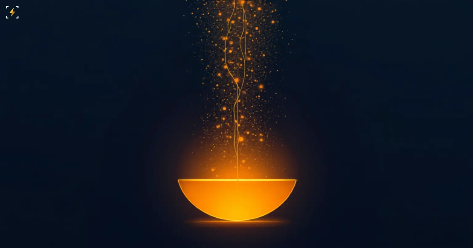 Flat vector illustration of a glowing stream of amber particles flowing down into a large glowing basin, symbolizing a large capital inflow into bitcoin ETFs