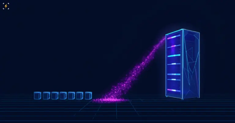 Illustration of a row of dim, powered-down mining rigs feeding a stream of glowing particles into a tall, vividly lit server tower, symbolizing bitcoin mining equipment being converted into AI data center infrastructure