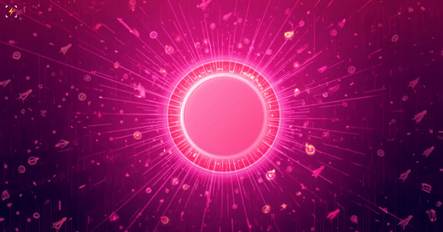 A glowing pink coin bursts with light rays and scattered coin particles and rocket icons against a magenta background