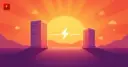 Two data center buildings of different sizes with an energy bolt between them against a Texas sunset — Helios and the new Merlin campus