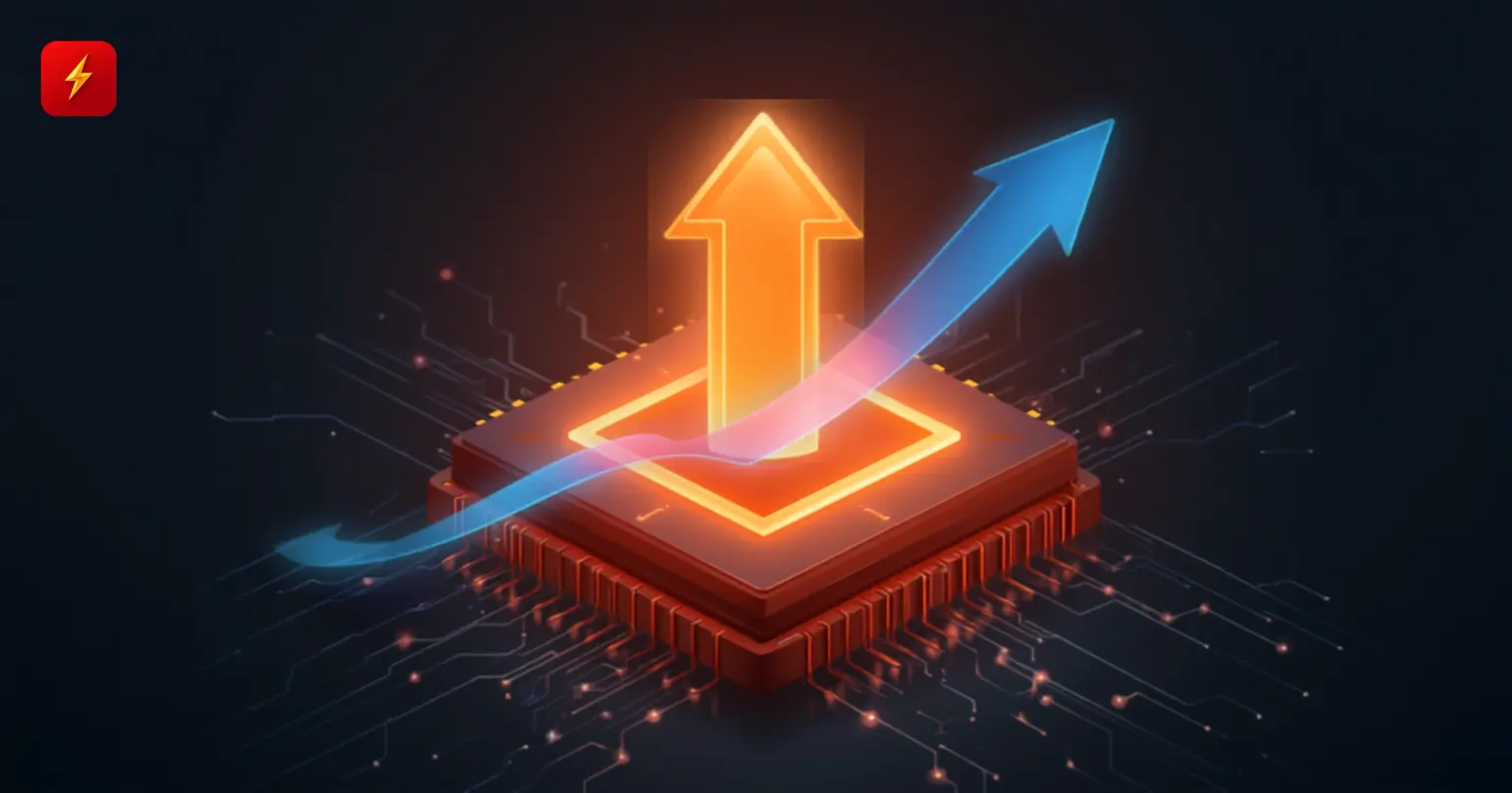 Flat vector illustration of a glowing memory chip with an orange arrow rising straight up and a blue arrow curving upward through it, symbolizing SanDisk's stock rising despite lower margin guidance