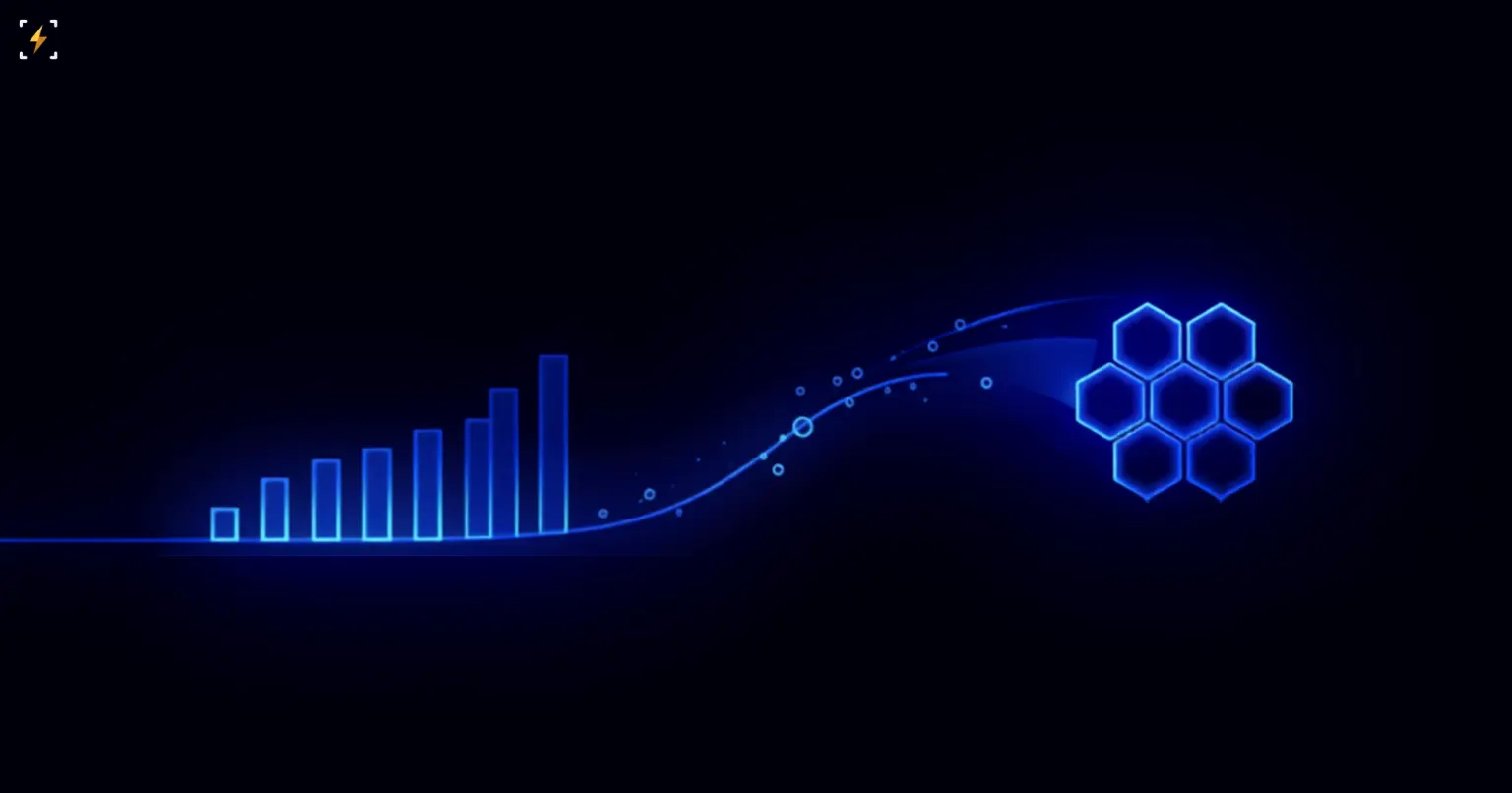 A rising bar chart flowing into a glowing cluster of connected hexagons, symbolizing fee revenue flowing from a network into token demand