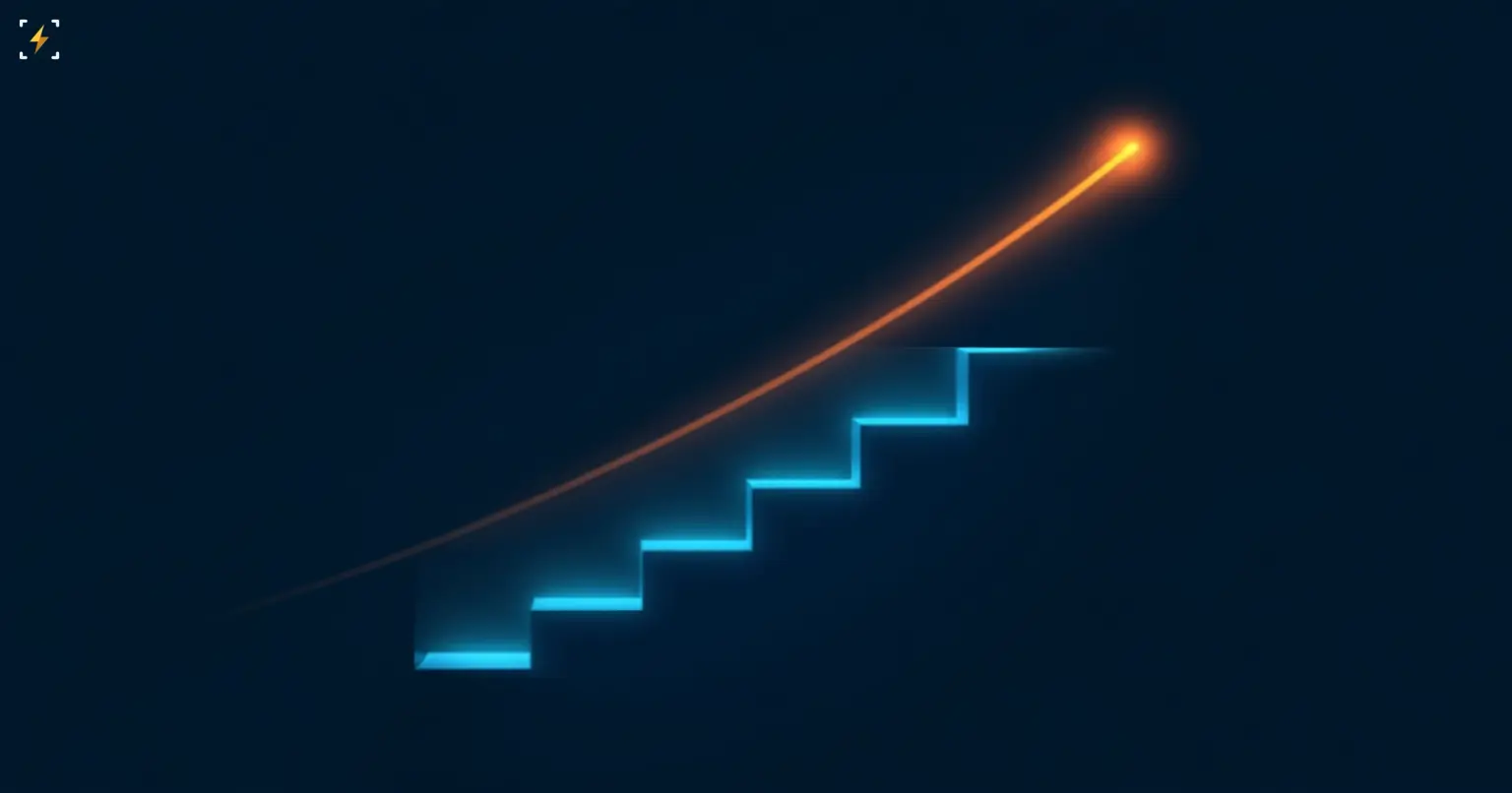 Flat vector illustration of a glowing ascending staircase with a bright glowing arc trailing off the top step, symbolizing Meta AI's rising multi-year price ladder for SpaceX stock