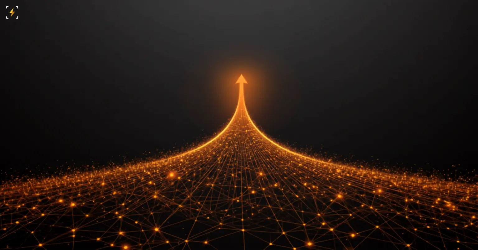 Flat vector illustration of a glowing amber network of interconnected banking nodes converging upward into a single rising arrow of light against a dark background, symbolizing a stablecoin payments company reaching unicorn valuation