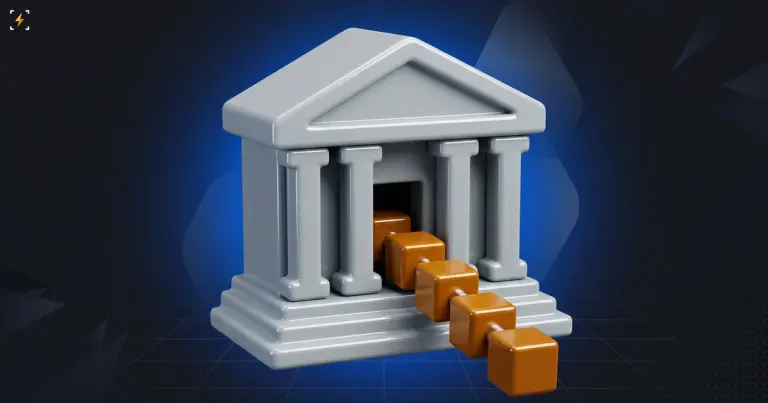 Classical government building with a chain of amber blocks climbing the steps into its doorway