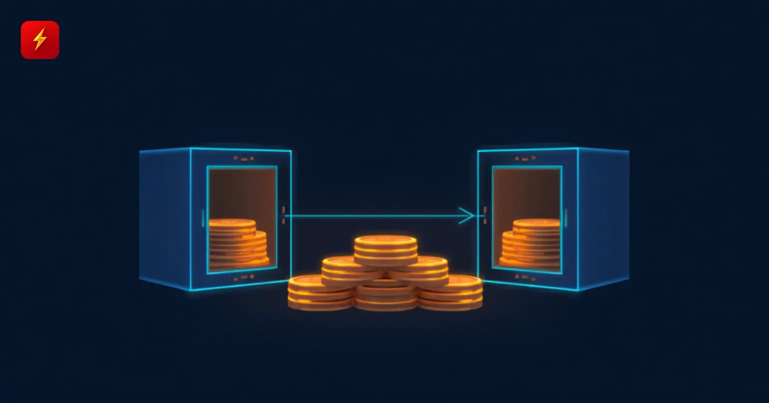 Glowing coin stacks moving via an arrow between two identical vault icons, symbolizing an internal custody transfer between a company's own wallets rather than a sale