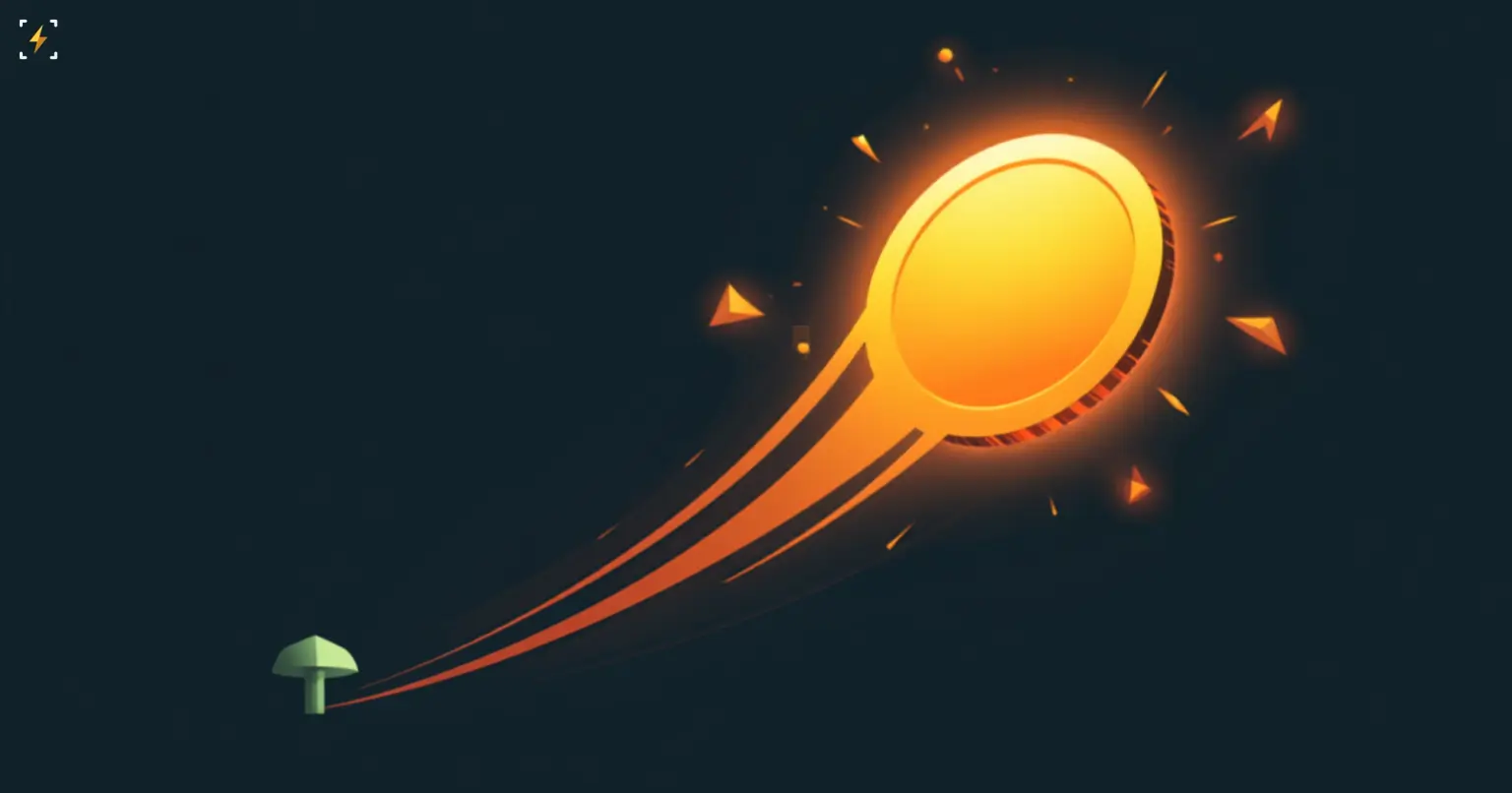 Flat vector illustration of a tiny mushroom silhouette dwarfed by a huge glowing gold coin rocketing upward with flame trails, symbolizing a small company's stock surging on unrelated memecoin hype